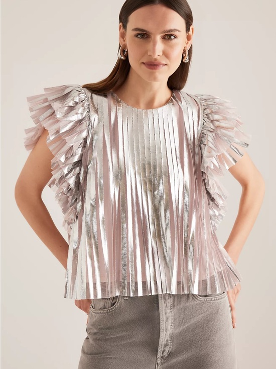 Anthropologie Tops - Anthropologie Pleated Foil Top Statement Blouse Metallic Pink Silver Size Small